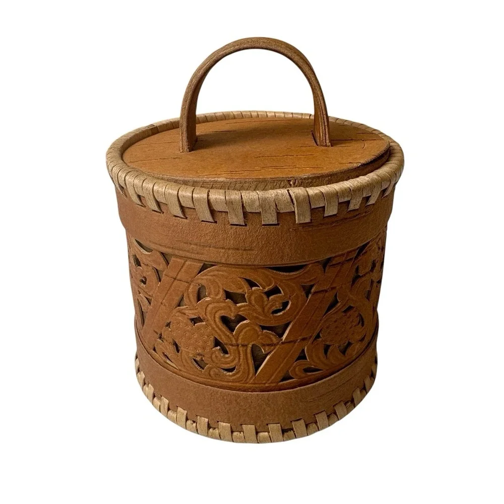 Vintage Russian Birch Bark Trinket Box Storage Container Made In Russia